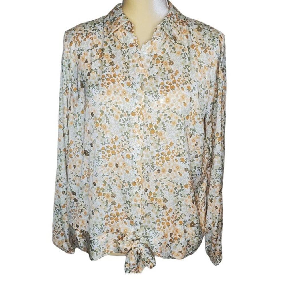 LC Lauren Conrad Long Sleeve Blouse with Flowers Orange, Green, and Shiny Gold L